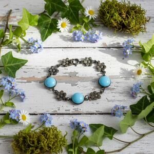 Vintage Sterling Silver Baby Bracelet-Blue Glass Cabochon-Floral-Child-Infant